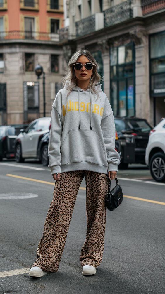 sweat gris et pantalon léopard